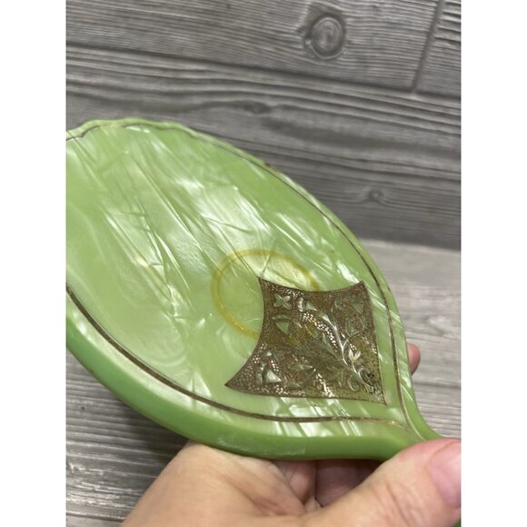 Celluloid Vanity Hand Mirror Green Art Deco Marble Look Embossed Vintage 12.5” - Picture 9 of 9